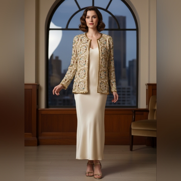 SEQUIN ORIGINAL Vintage Hand Beaded Silk Jacket Shoulder Pads Bead Work LARGE